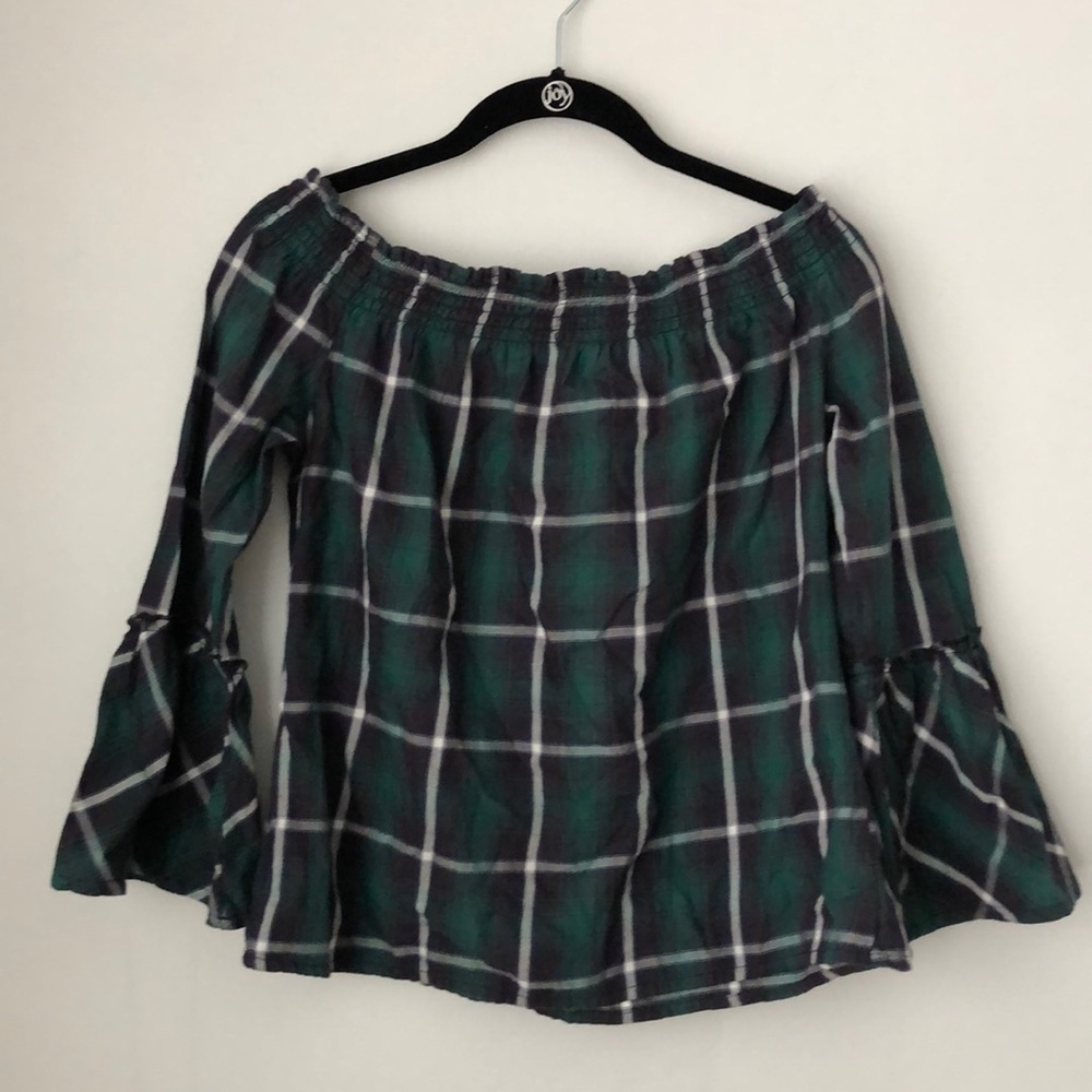 New Off Shoulder Bell Sleeve Plaid Top